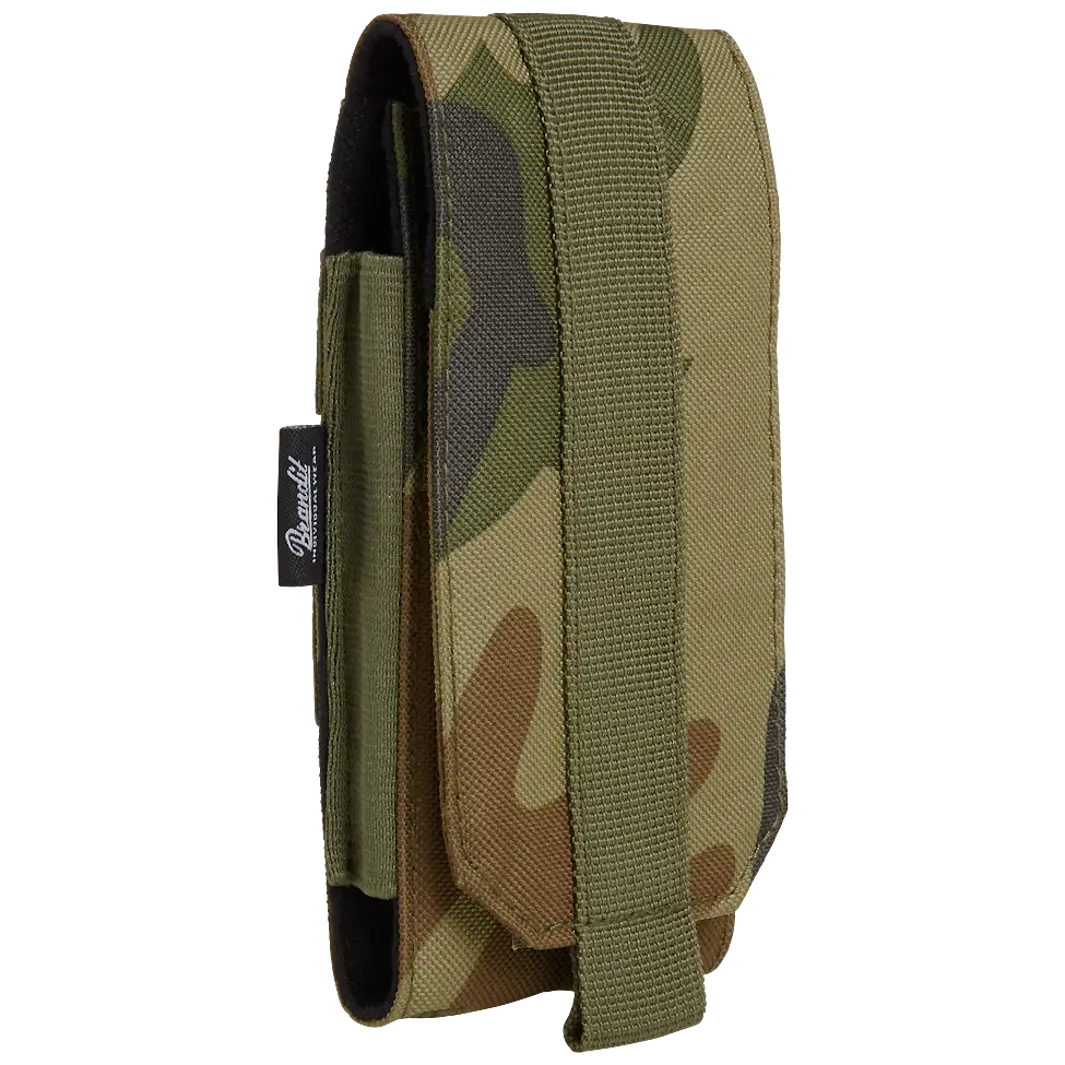 Molle Phone Pouch made of robust 600DEN polyester, featuring PALS fastening loops, soft inner material, and secure velcro fastening for smartphone protection.