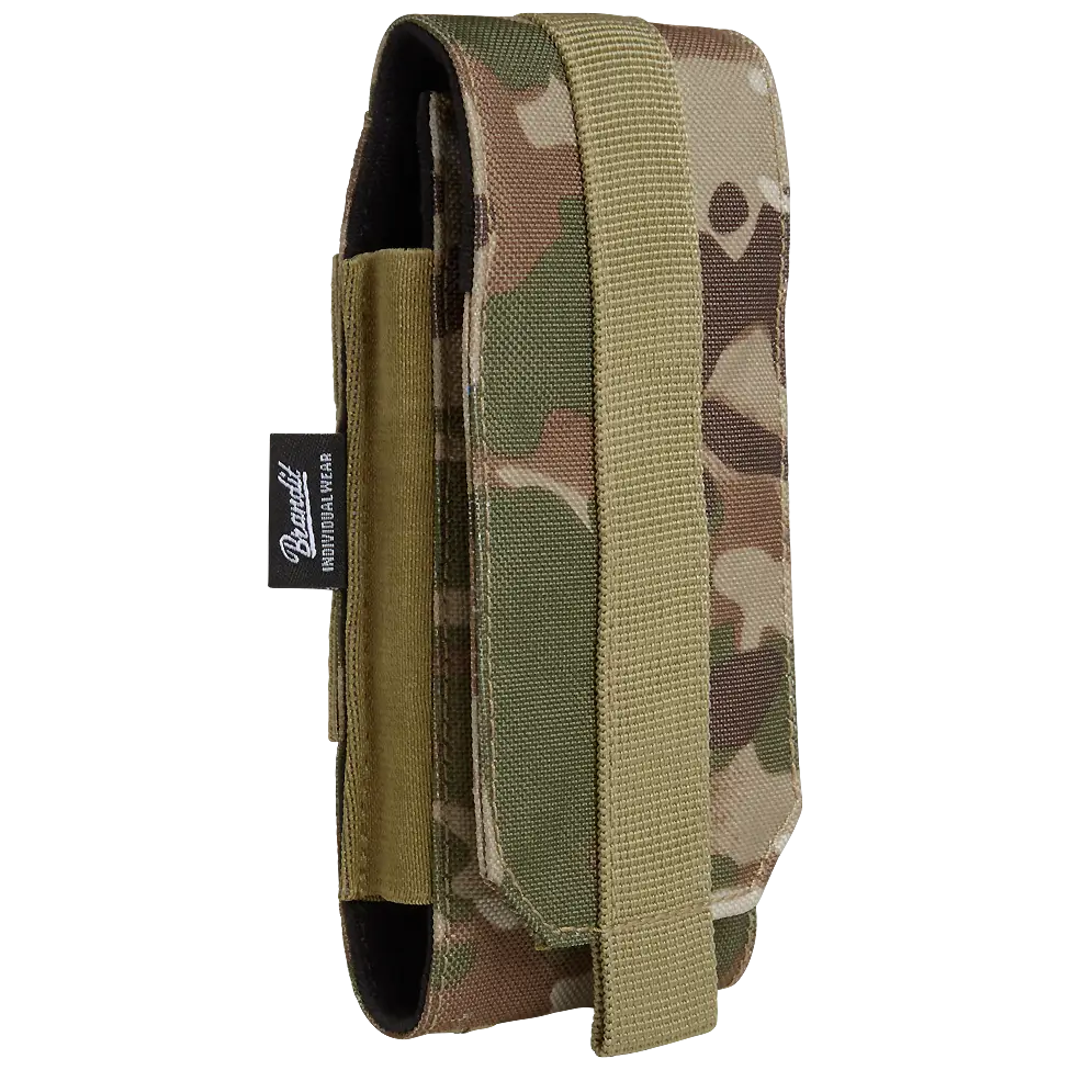 Molle Phone Pouch made of robust 600DEN polyester, featuring PALS fastening loops, soft inner material, and secure velcro fastening for smartphone protection.