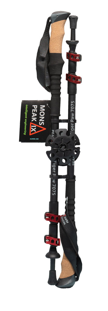 Mons Peak IX Tiger Paw 7075 Trekking Poles featuring adjustable height, cork grips, and durable aluminum construction, ideal for all-season hiking.