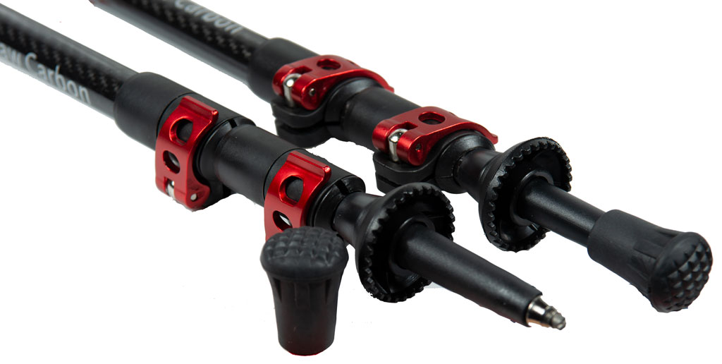 Mons Peak IX Tiger Paw Carbon Trekking Poles with cork grip and adjustable height, designed for rugged outdoor use.