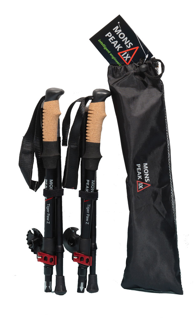 Mons Peak IX Tiger Paw Z Trekking Poles featuring adjustable height, cork grip, and durable aluminum construction, ideal for all-season hiking.