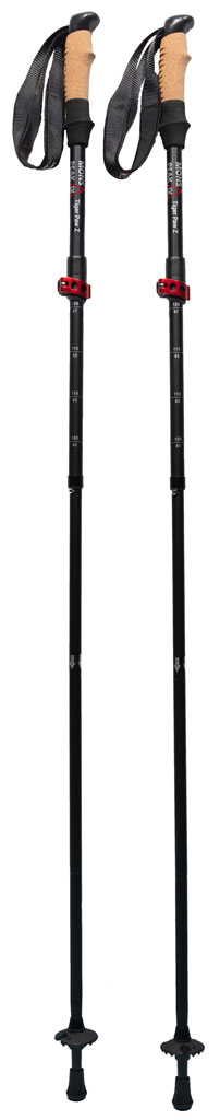 Mons Peak IX Tiger Paw Z Trekking Poles featuring adjustable height, cork grip, and durable aluminum construction, ideal for all-season hiking.