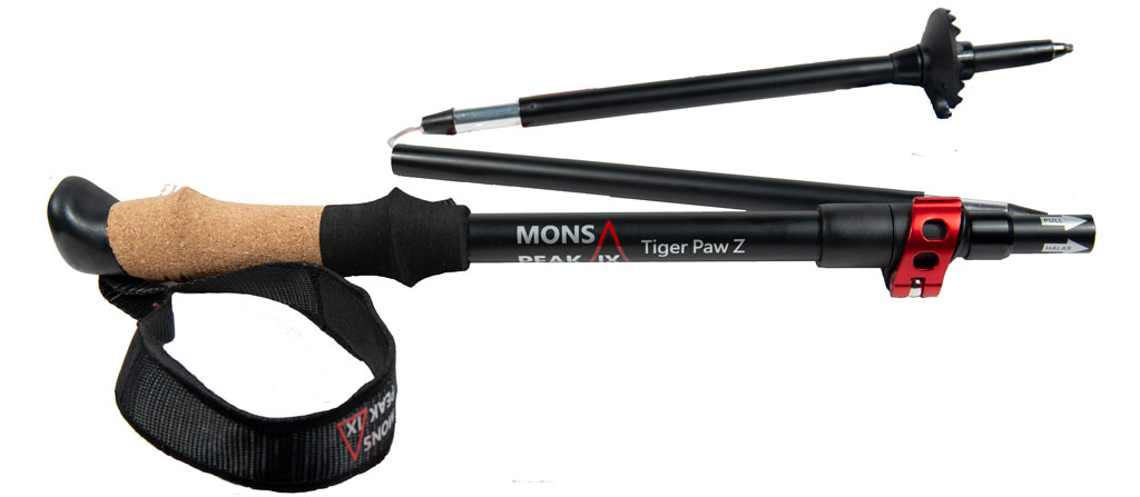 Mons Peak IX Tiger Paw Z Trekking Poles featuring adjustable height, cork grip, and durable aluminum construction, ideal for all-season hiking.