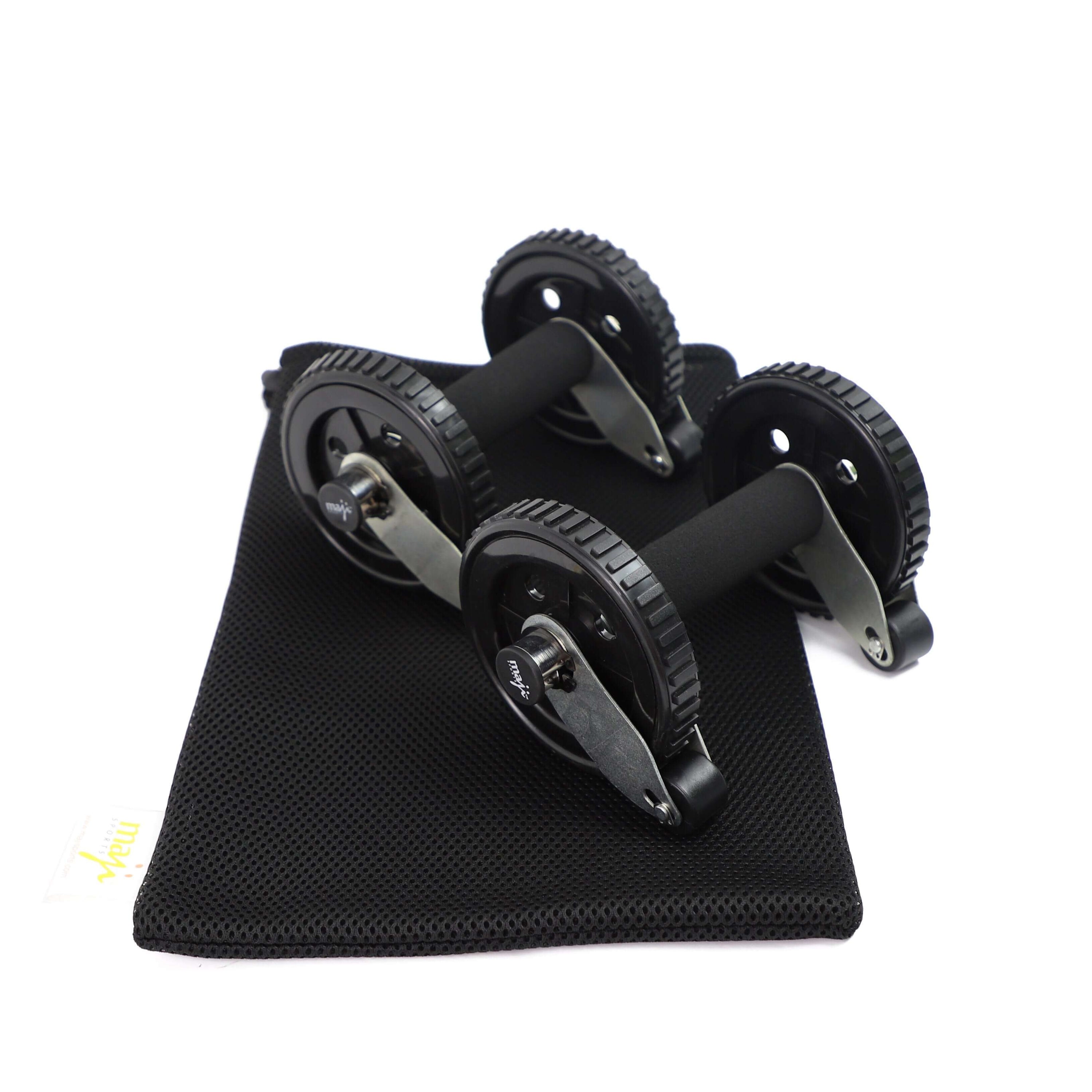 Multi-Functional Ab Rollers with active stop wheel function, showcasing durable construction and comfortable foam grip.