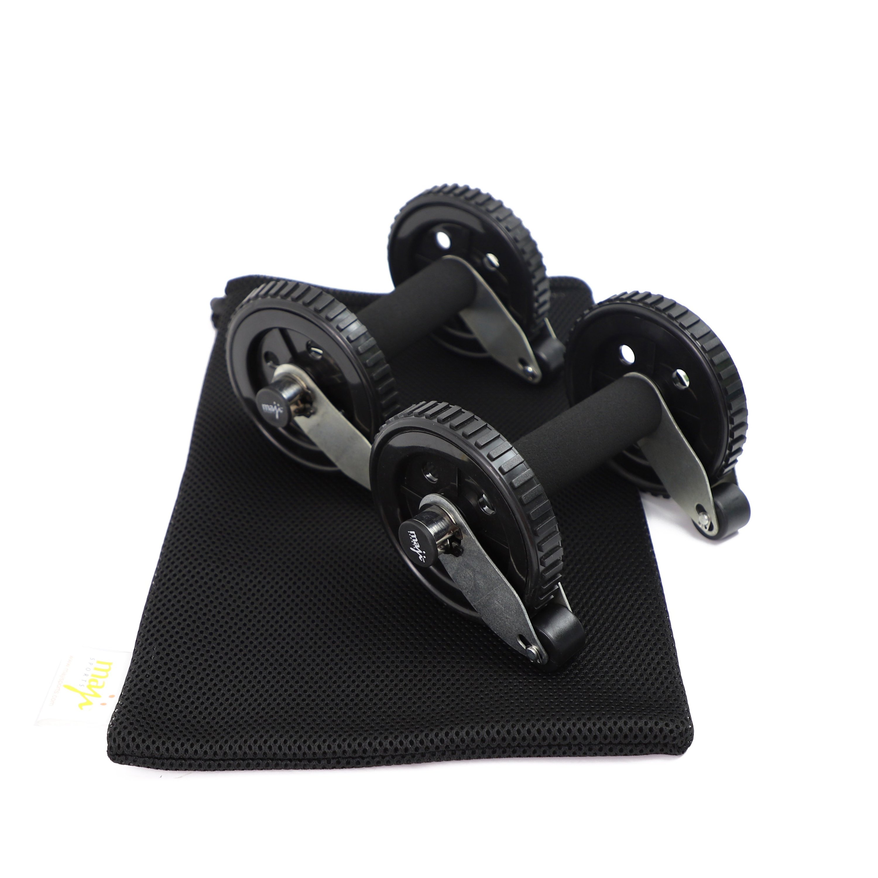 Multi-Functional Ab Rollers with active stop wheel function, showcasing durable construction and comfortable foam grip.