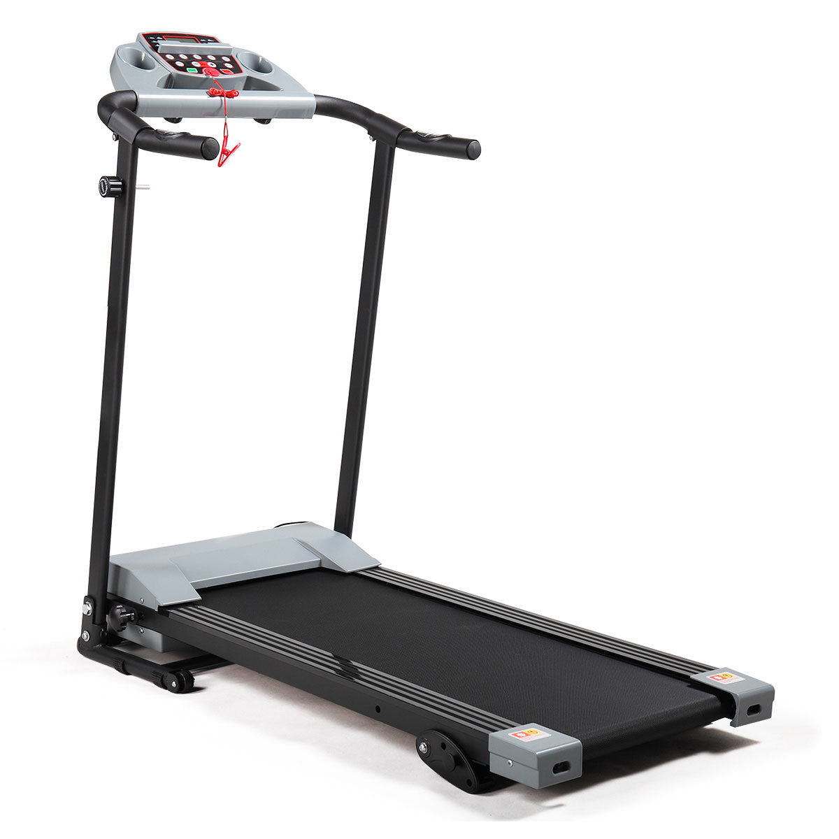 Gray multifunctional foldable treadmill with LCD screen, adjustable slope, and heart rate monitor.