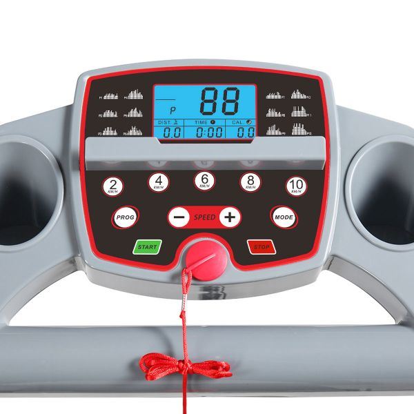 Gray multifunctional foldable treadmill with LCD screen, adjustable slope, and heart rate monitor.