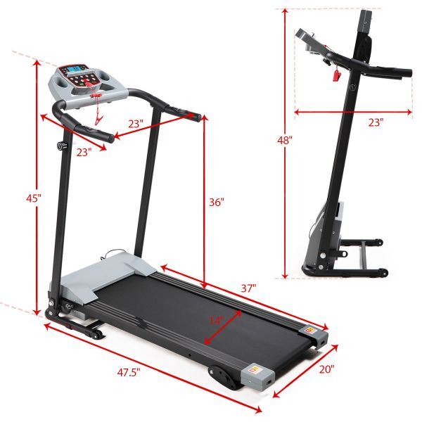 Gray multifunctional foldable treadmill with LCD screen, adjustable slope, and heart rate monitor.