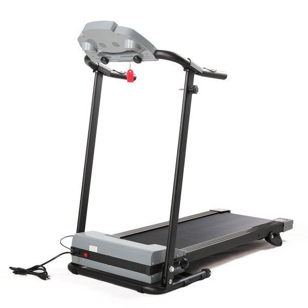 Gray multifunctional foldable treadmill with LCD screen, adjustable slope, and heart rate monitor.