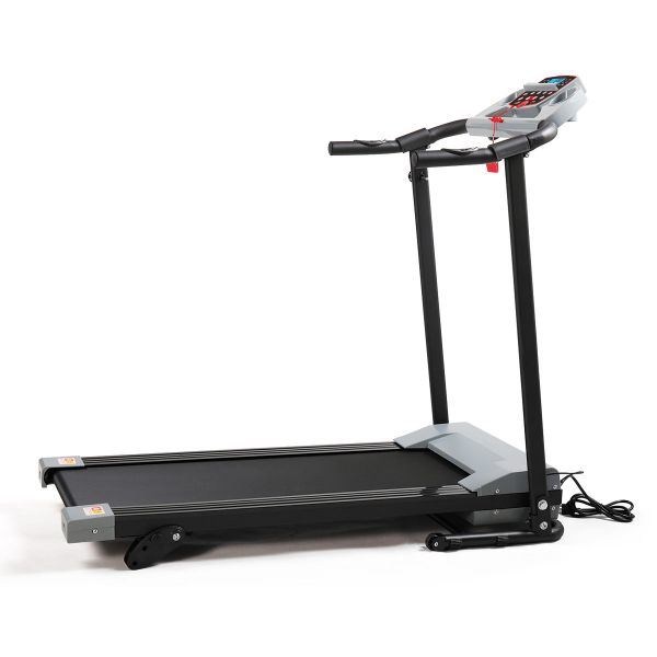 Gray multifunctional foldable treadmill with LCD screen, adjustable slope, and heart rate monitor.