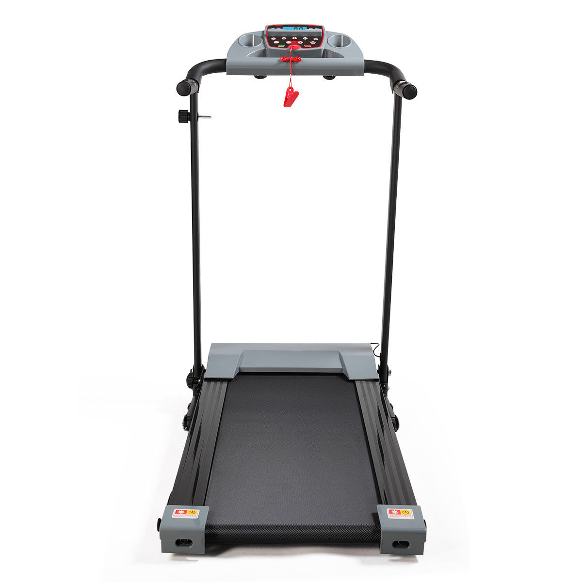 Gray multifunctional foldable treadmill with LCD screen, adjustable slope, and heart rate monitor.