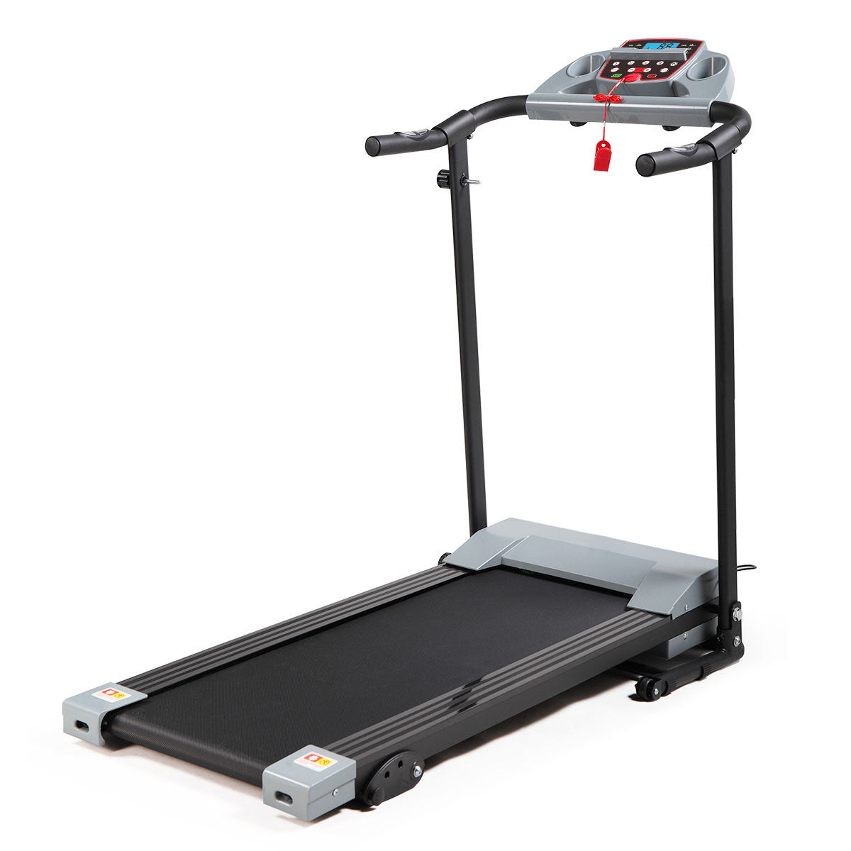 Gray multifunctional foldable treadmill with LCD screen, adjustable slope, and heart rate monitor.