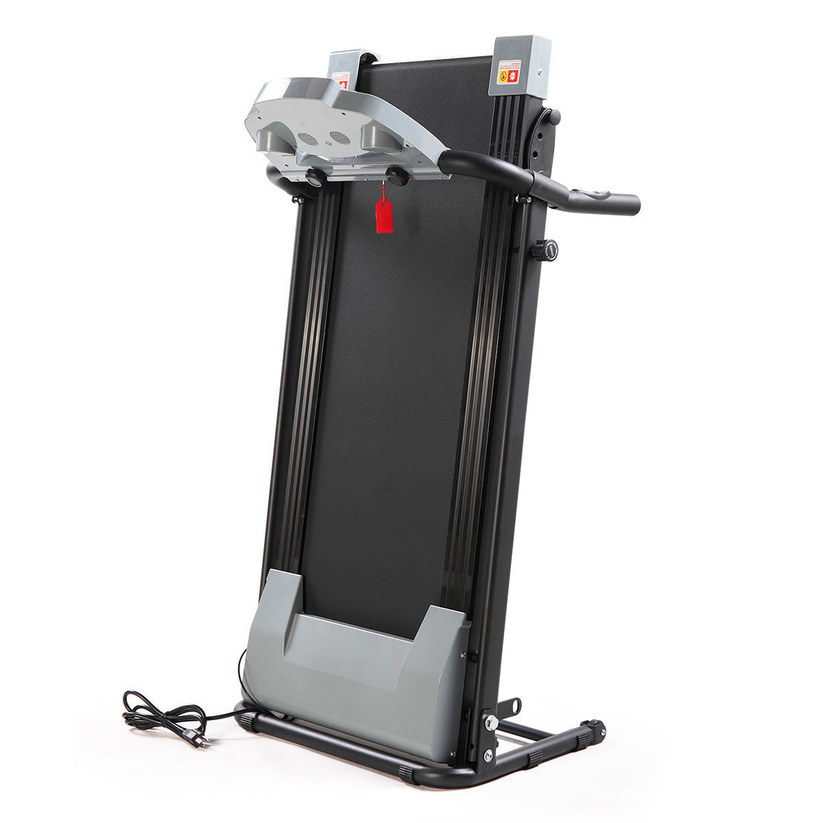 Gray multifunctional foldable treadmill with LCD screen, adjustable slope, and heart rate monitor.