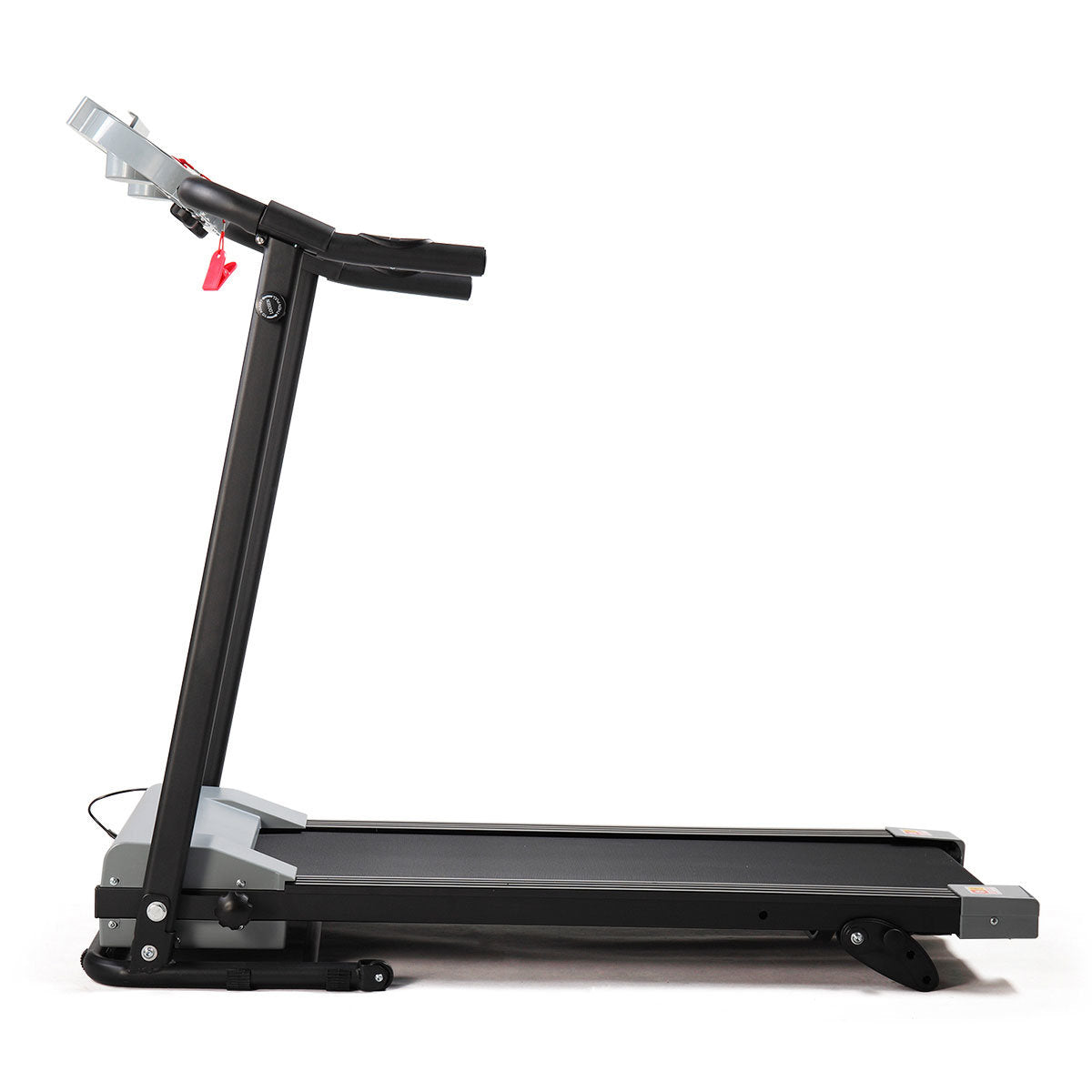 Gray multifunctional foldable treadmill with LCD screen, adjustable slope, and heart rate monitor.