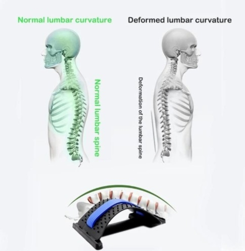 Multiple Level Lumbar Support Massage Stretcher featuring adjustable height settings and massage contacts for back pain relief.