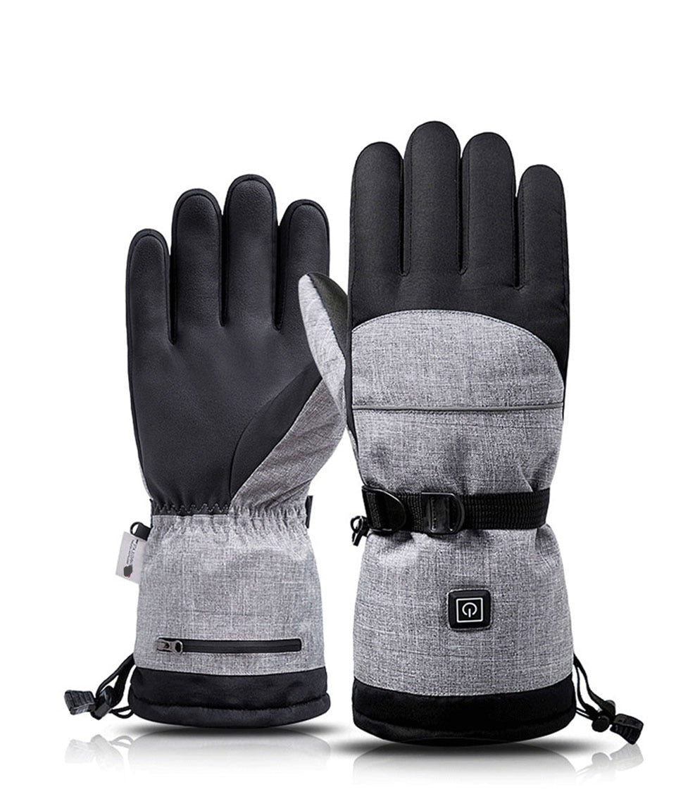 A pair of New Electric Heating Snowmobile Snowboard Ski Gloves featuring a black tarpaulin exterior and grey poplar lining, designed for warmth and comfort.