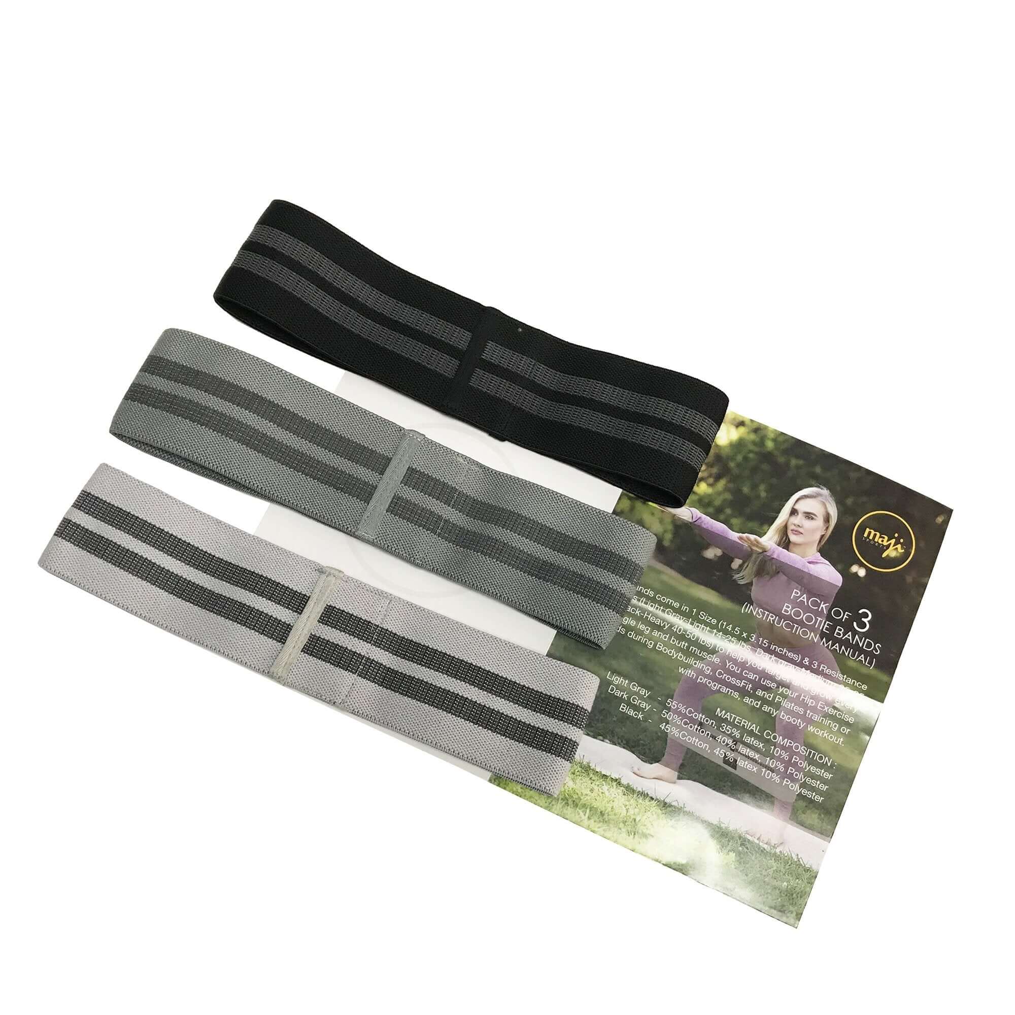 Pack of three colorful resistance bands for strength training, featuring different resistance levels and a mesh carry bag.