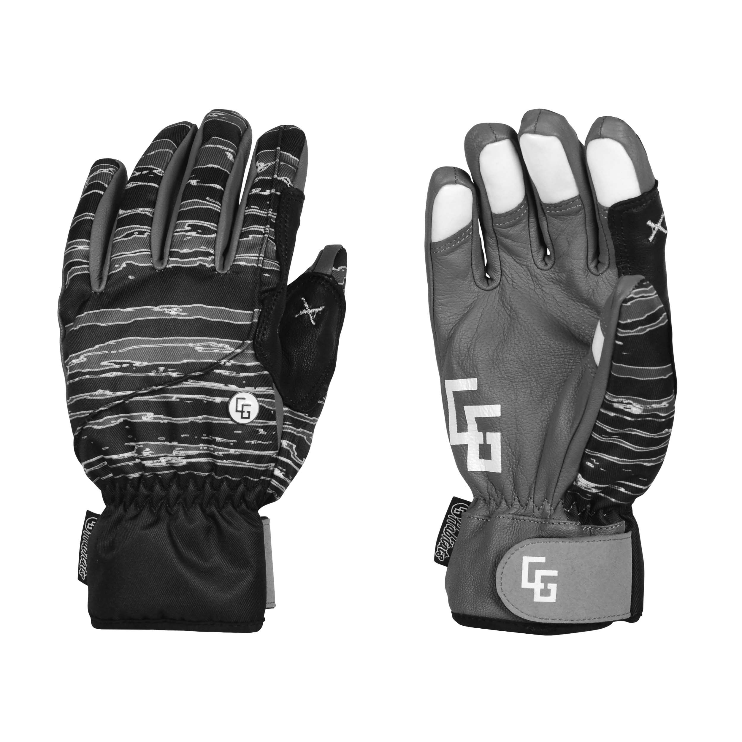 A pair of Park Gloves featuring genuine leather and a breathable waterproof membrane, designed for snowboarding in various conditions.