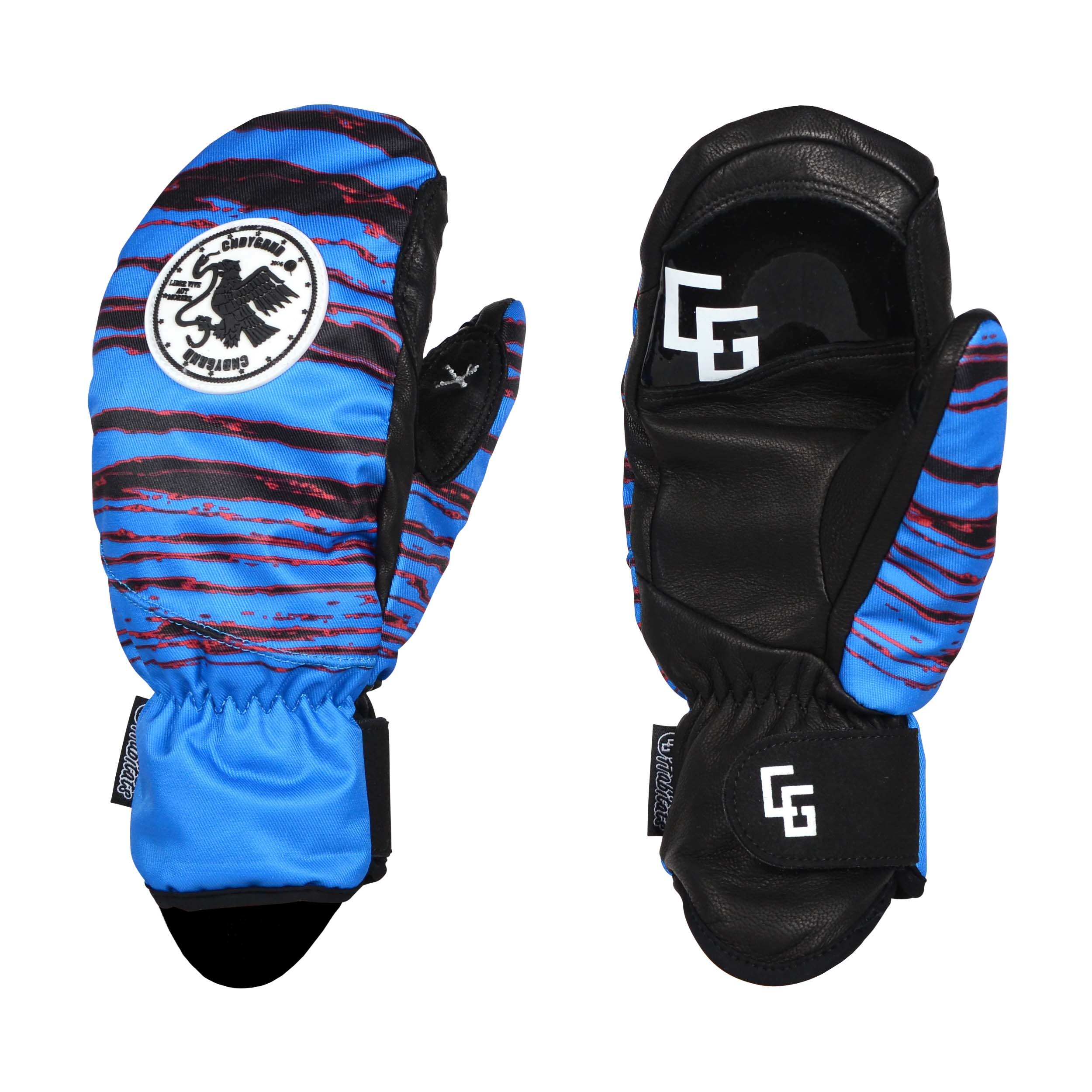 A pair of Park Mittens showcasing genuine leather and polyester twill outer shell, designed for snowboarding with a breathable waterproof membrane.