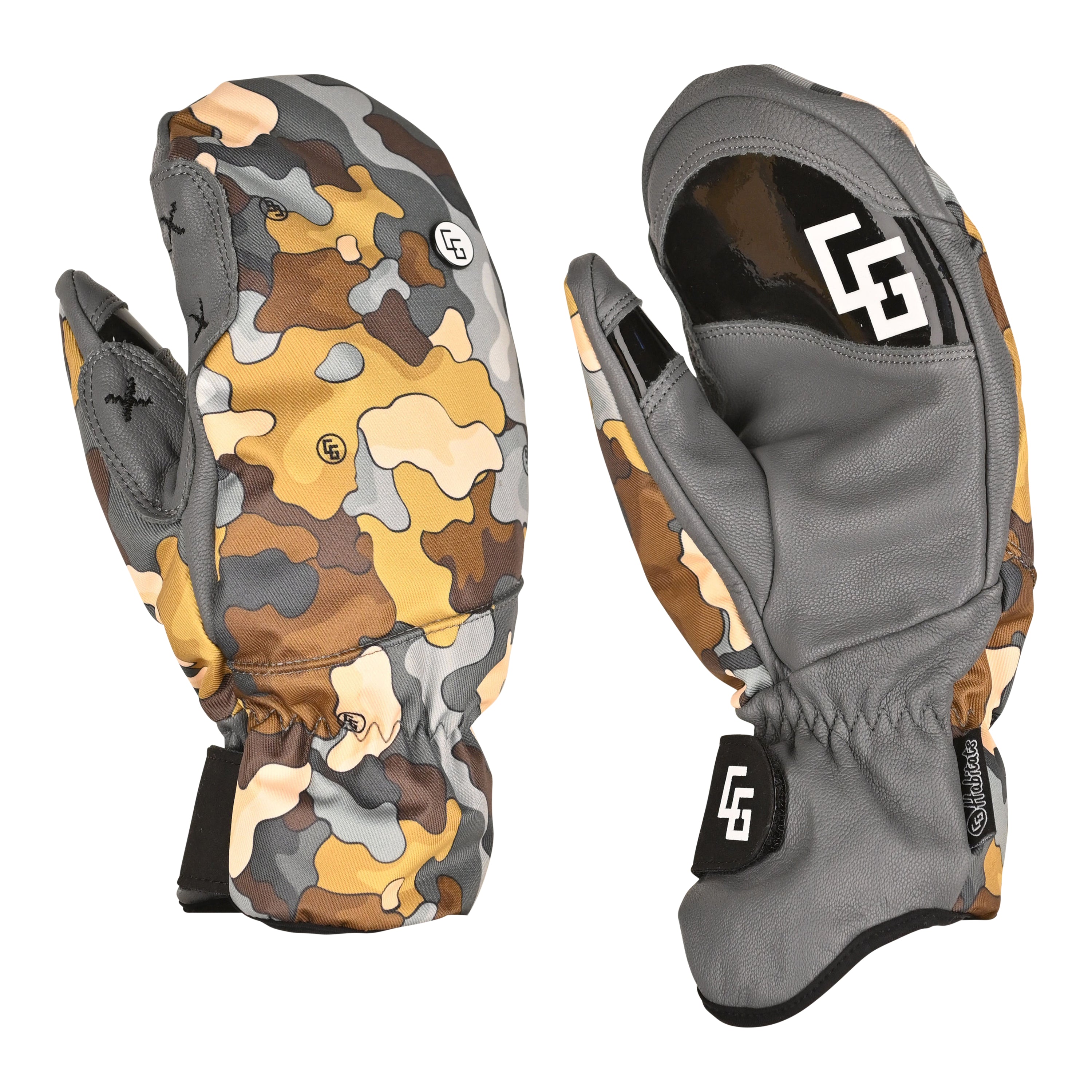 A pair of Park Mittens showcasing genuine leather and polyester twill outer shell, designed for snowboarding with a breathable waterproof membrane.