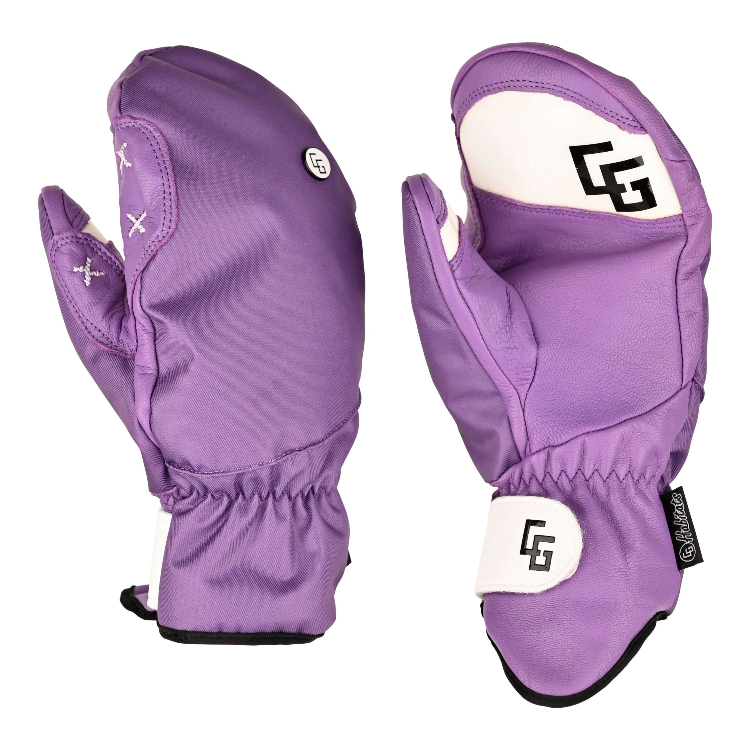 A pair of Park Mittens showcasing genuine leather and polyester twill outer shell, designed for snowboarding with a breathable waterproof membrane.