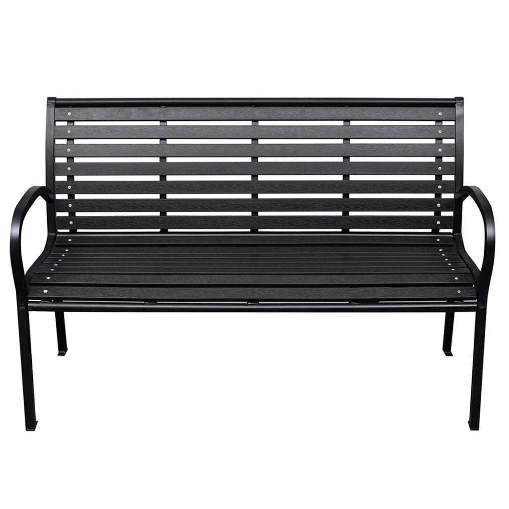 Stylish black patio bench made of steel and wood plastic composites, perfect for outdoor relaxation.