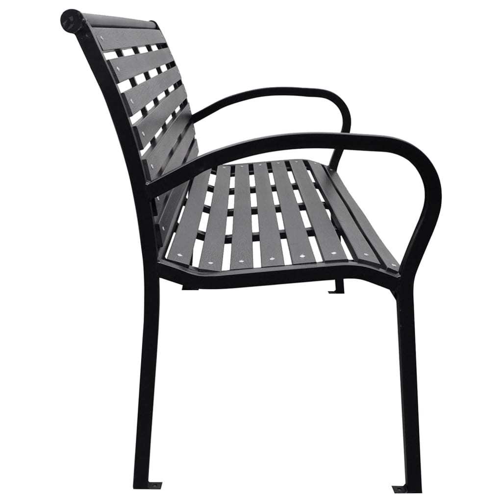 Stylish black patio bench made of steel and wood plastic composites, perfect for outdoor relaxation.