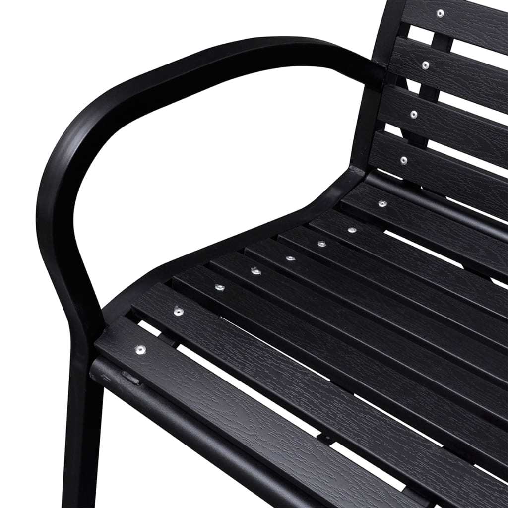 Stylish black patio bench made of steel and wood plastic composites, perfect for outdoor relaxation.