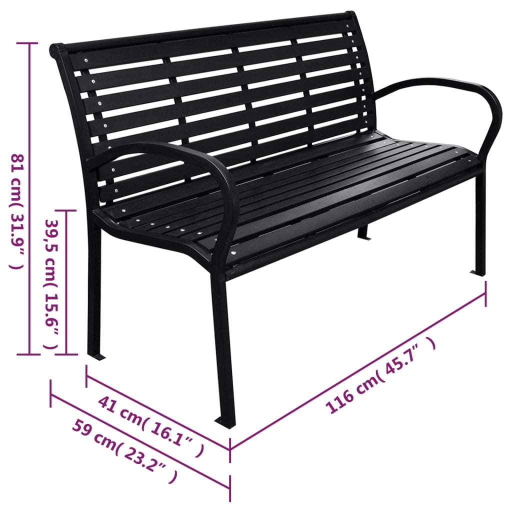 Stylish black patio bench made of steel and wood plastic composites, perfect for outdoor relaxation.