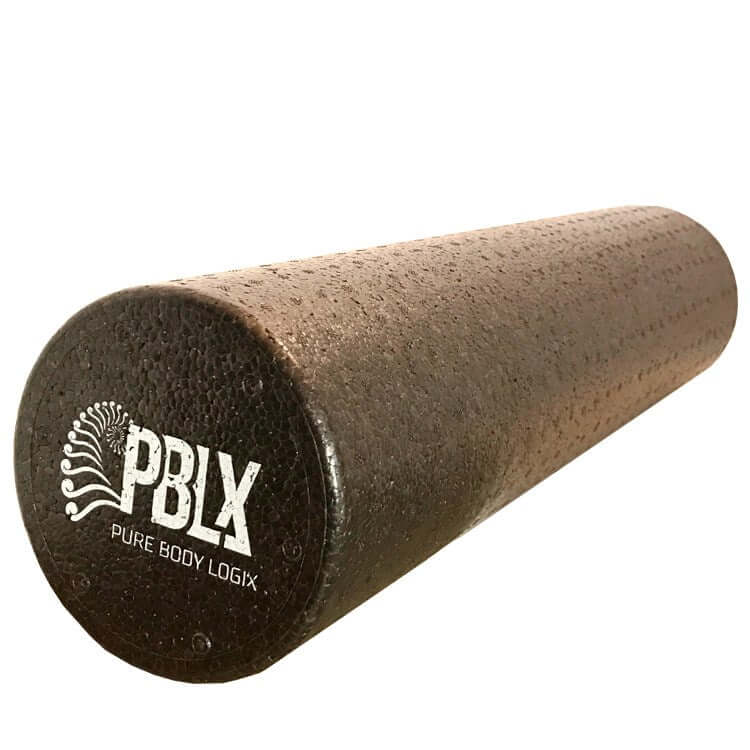 PBLX 18-inch black foam roller designed for muscle recovery and flexibility improvement.