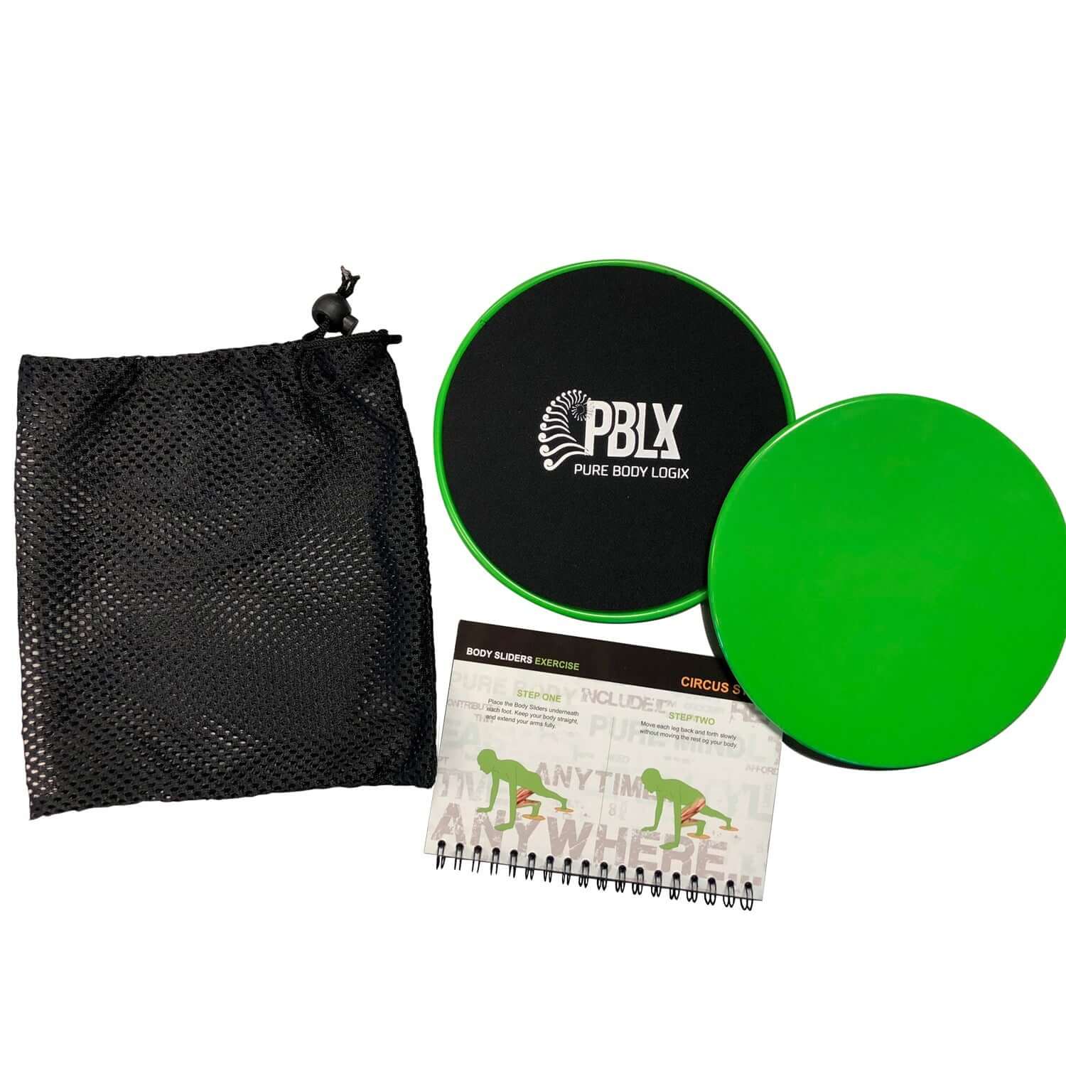 PBLX Gliders Set with a workout booklet, showcasing the gliders and instructional material for effective training.