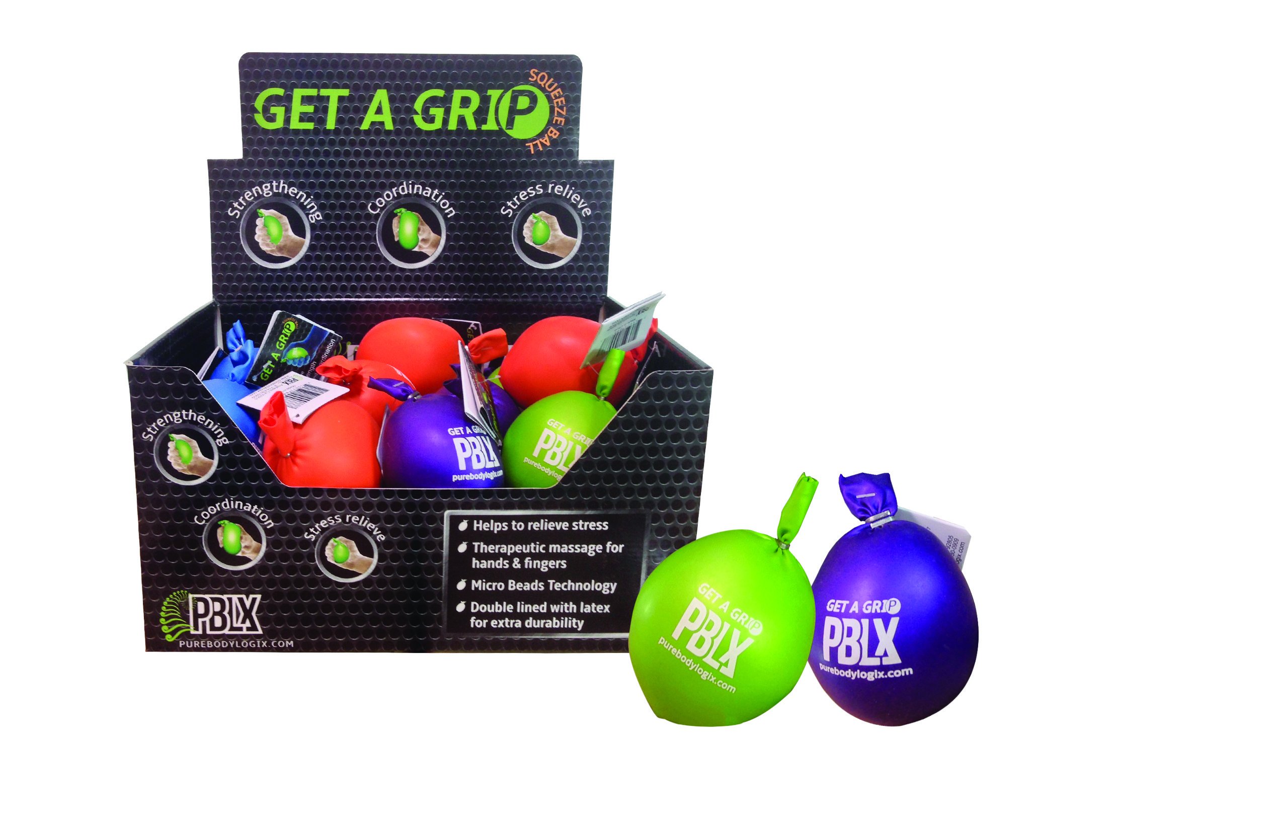 PBLX Grip Balls in various colors, designed for stress relief and hand strength training, featuring a soft texture for comfortable squeezing.