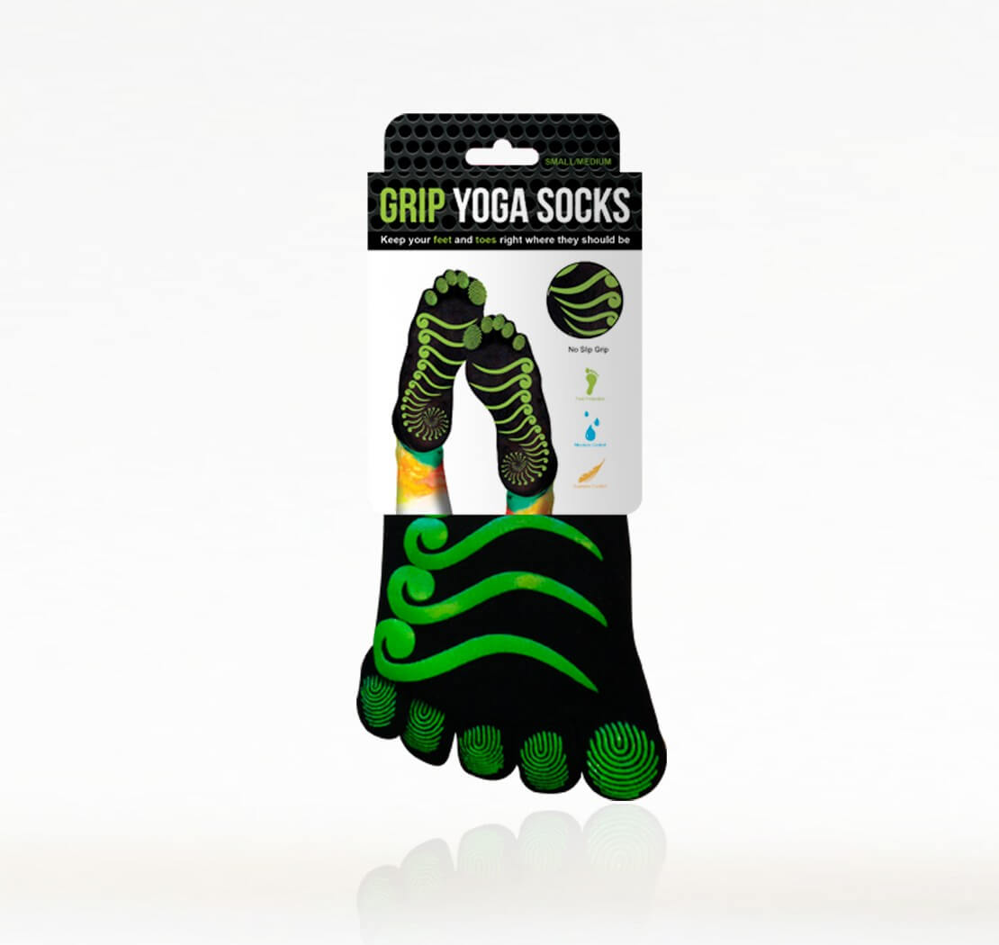 PBLX Non-Slip Yoga Socks in medium and large sizes, featuring targeted traction zones and an open design for enhanced grip and comfort.