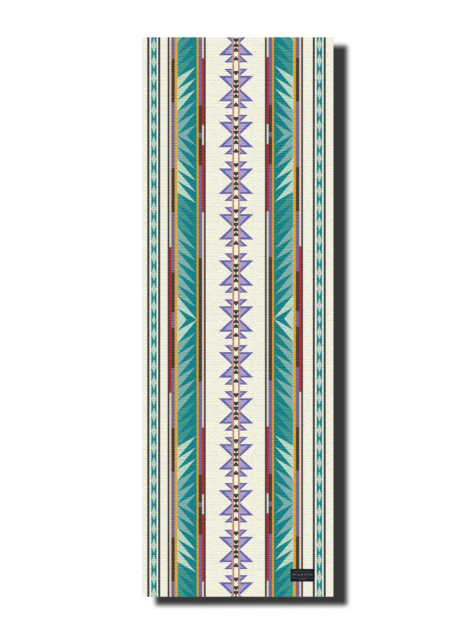 Pendleton x Yune Yoga Mat in Turquoise Ridge design, showcasing its textured surface and lightweight features, perfect for yoga enthusiasts.