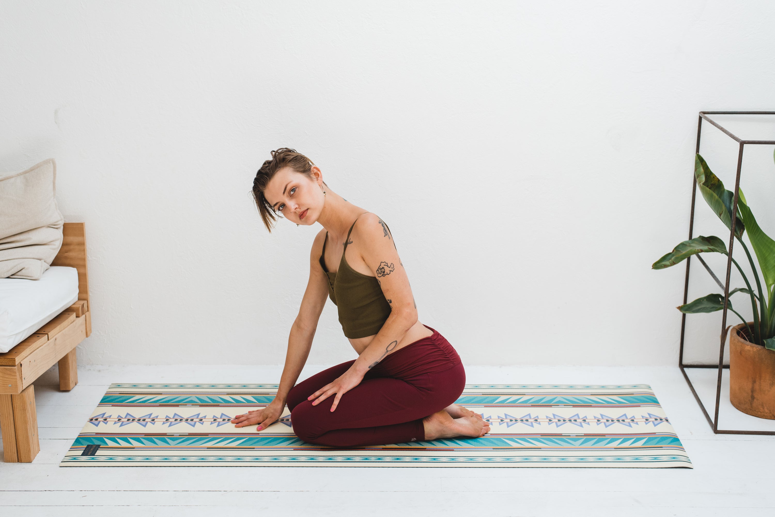 Pendleton x Yune Yoga Mat in Turquoise Ridge design, showcasing its textured surface and lightweight features, perfect for yoga enthusiasts.