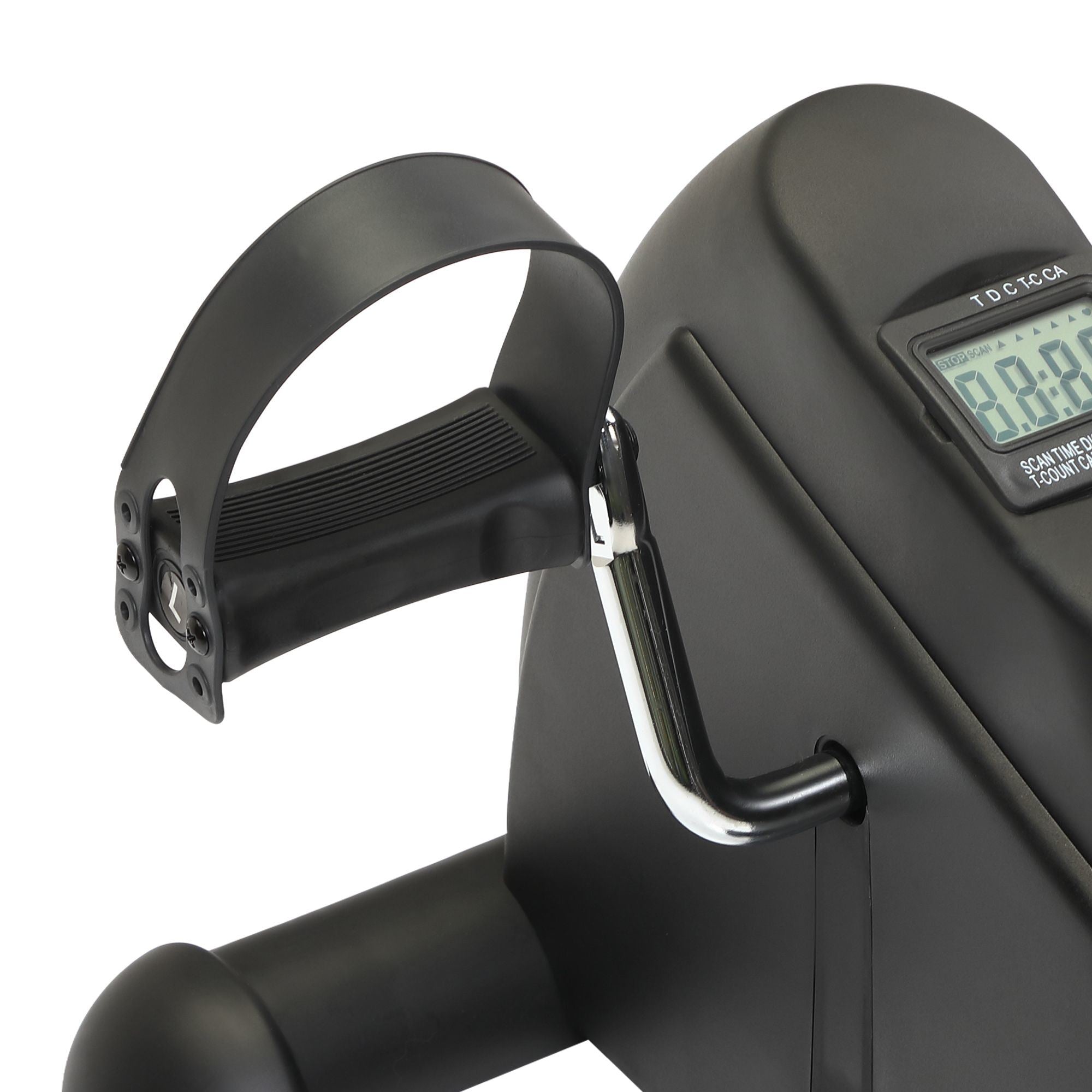 Portable stationary indoor mini exercise bike with LCD display, designed for compact workouts and easy storage.