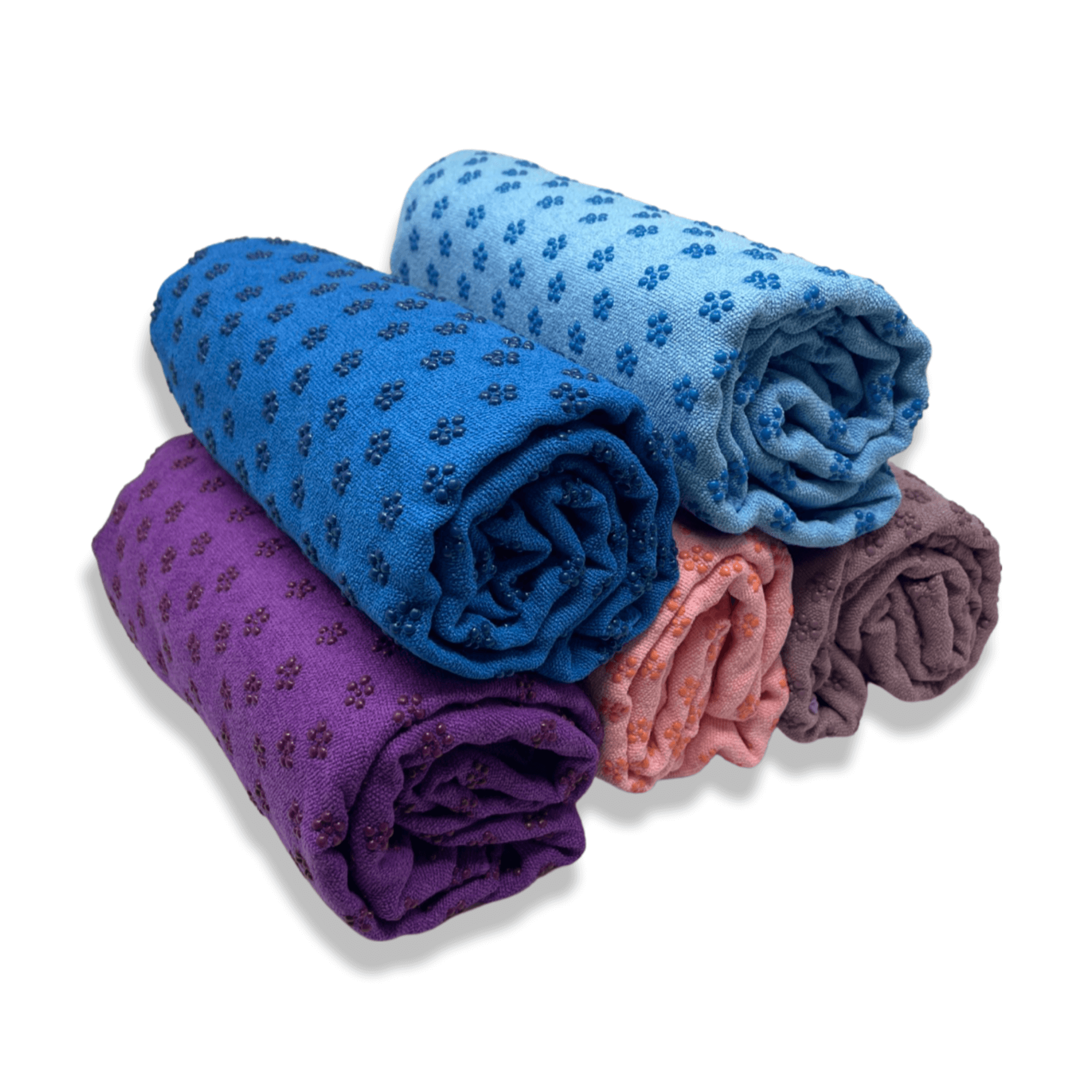 Premium Absorption Hot Yoga Mat Towel featuring slip-resistant grip dots, designed for intense yoga sessions, in various colors.