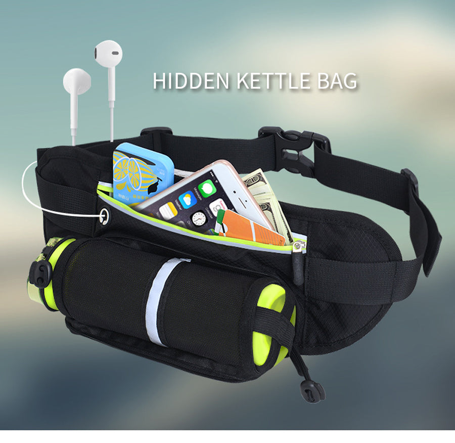 Running Waist Belt Bag with hidden water bottle compartment, reflective strip, and spacious design for outdoor fitness.