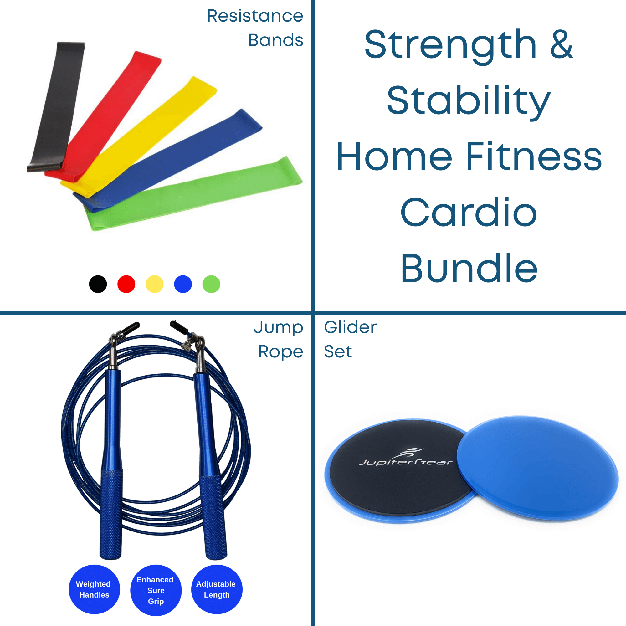 Strength & Stability Home Fitness Cardio Bundle including resistance bands, weighted jump rope, and gliders for versatile workouts.