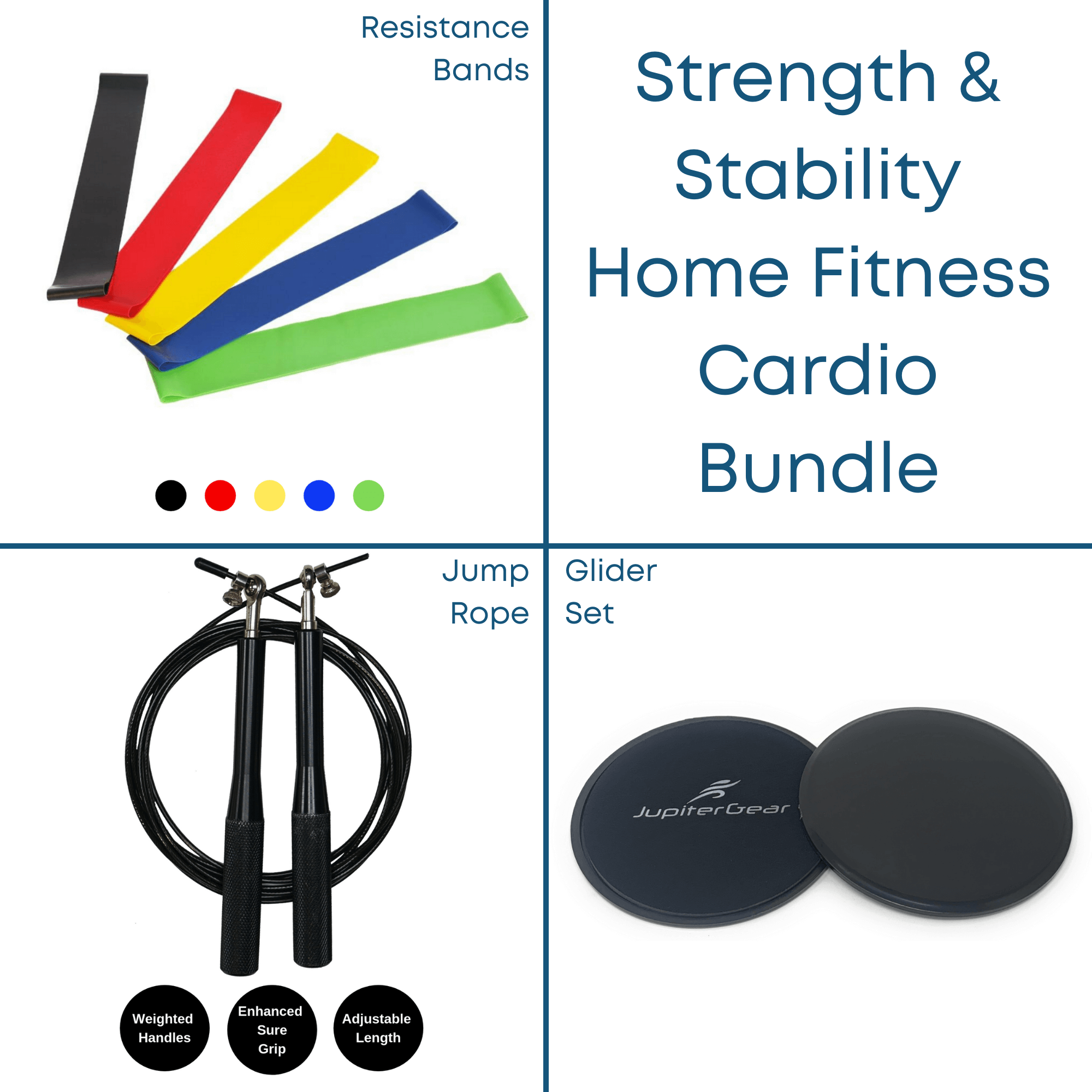 Strength & Stability Home Fitness Cardio Bundle including resistance bands, weighted jump rope, and gliders for versatile workouts.