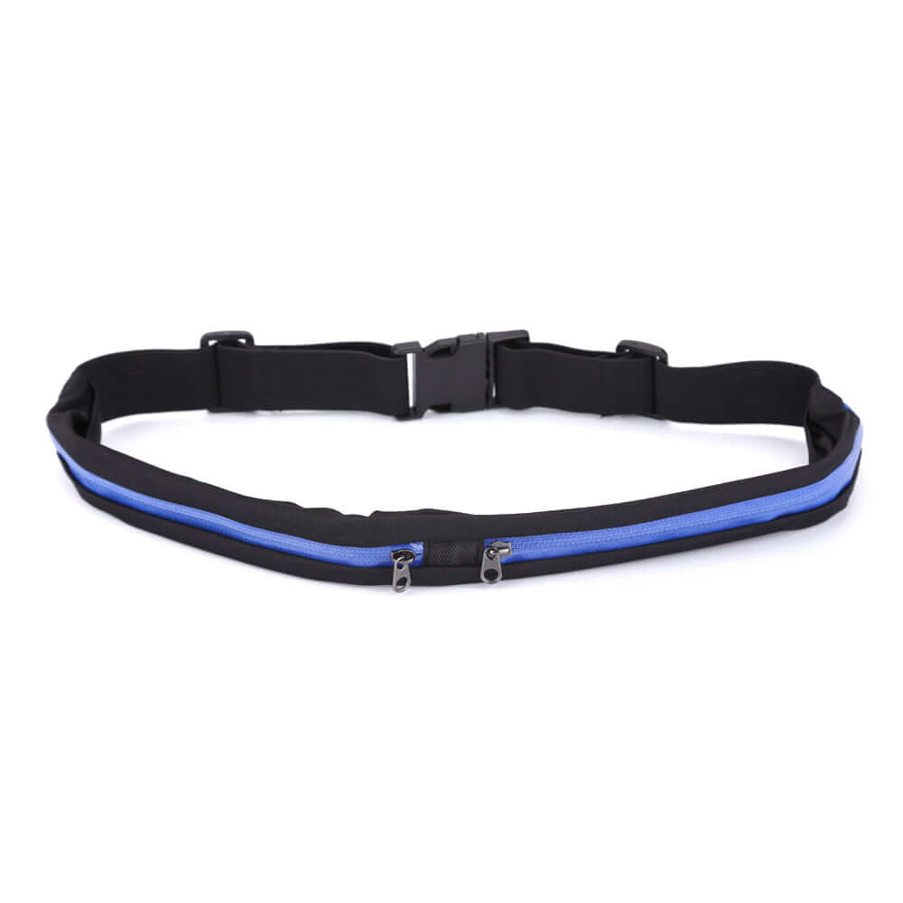 Stride Dual Pocket Running Belt in black, featuring two water-resistant pockets and an adjustable elastic waist belt, ideal for outdoor activities.