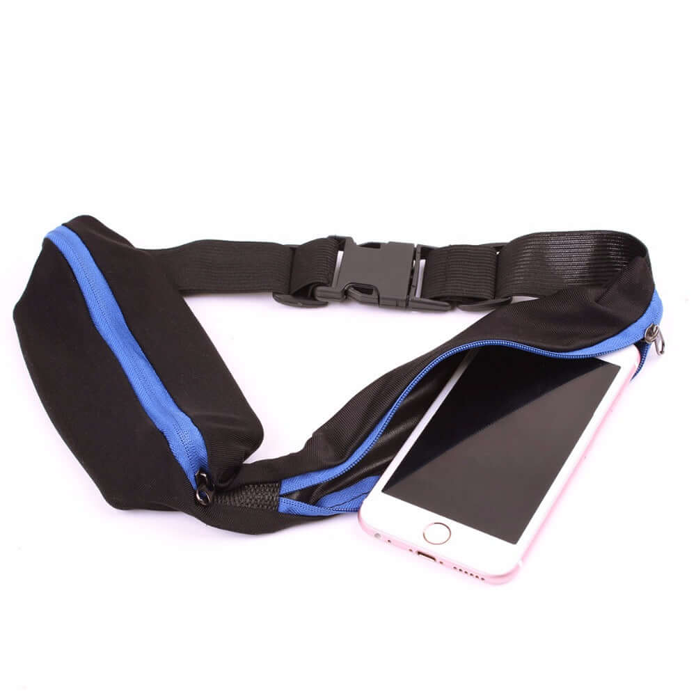 Stride Dual Pocket Running Belt in black, featuring two water-resistant pockets and an adjustable elastic waist belt, ideal for outdoor activities.