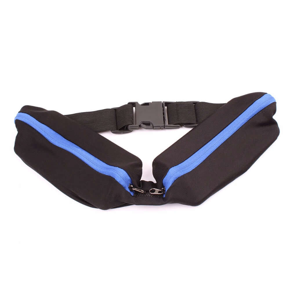 Stride Dual Pocket Running Belt in black, featuring two water-resistant pockets and an adjustable elastic waist belt, ideal for outdoor activities.