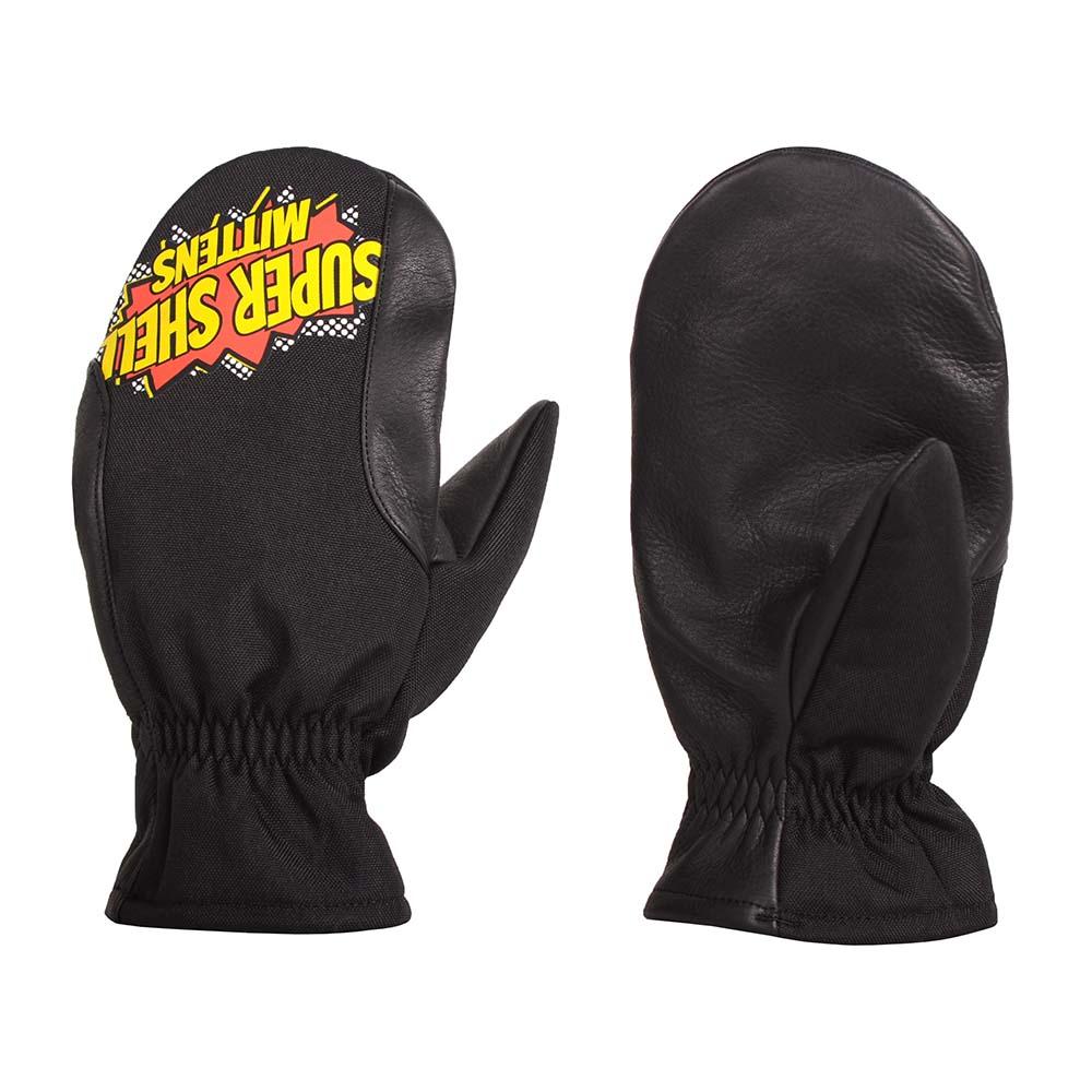 Super Shell Mitten featuring durable cowhide leather palm and ballistic nylon top, designed for outdoor activities and harsh conditions.