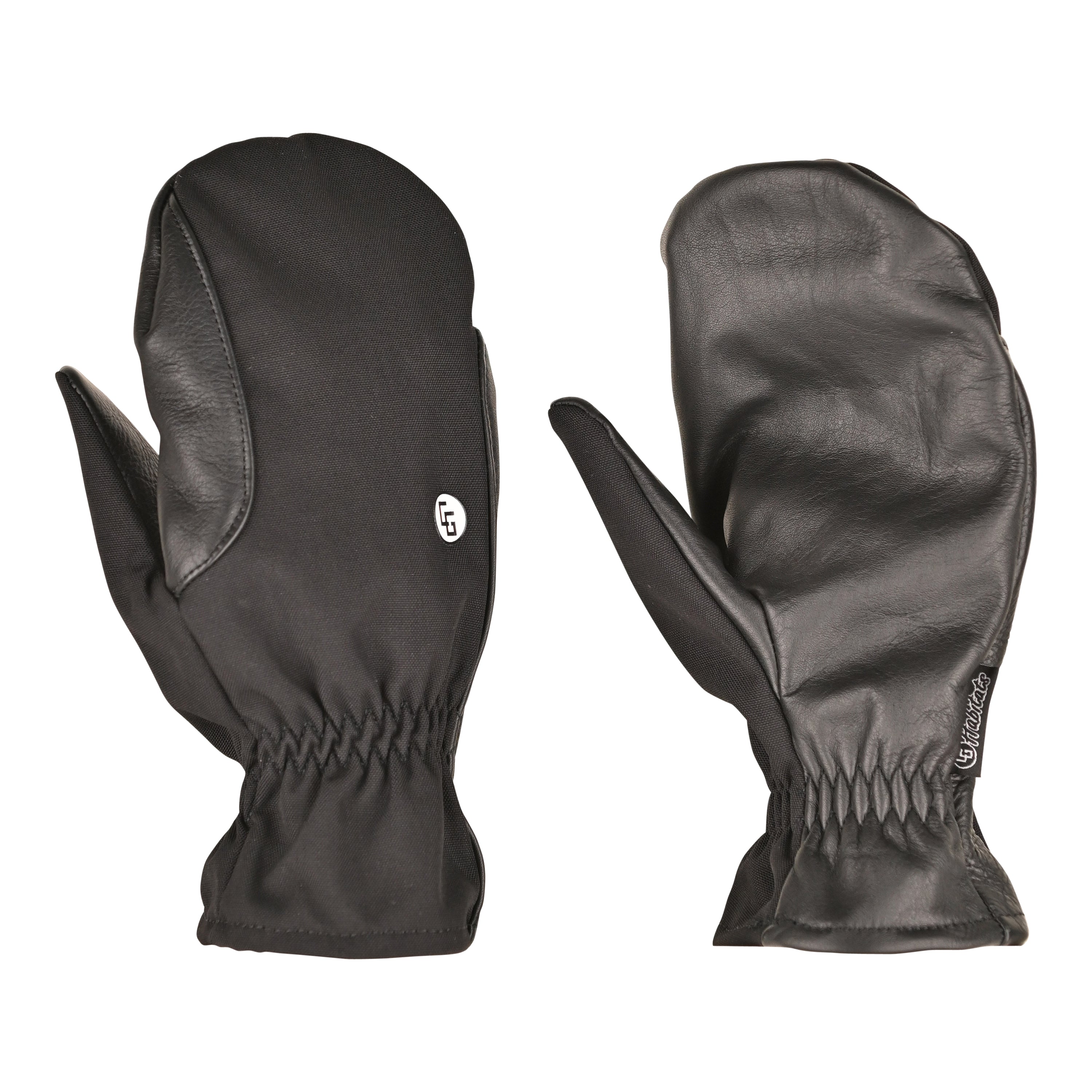 Super Shell Mitten featuring durable cowhide leather palm and ballistic nylon top, designed for outdoor activities and harsh conditions.