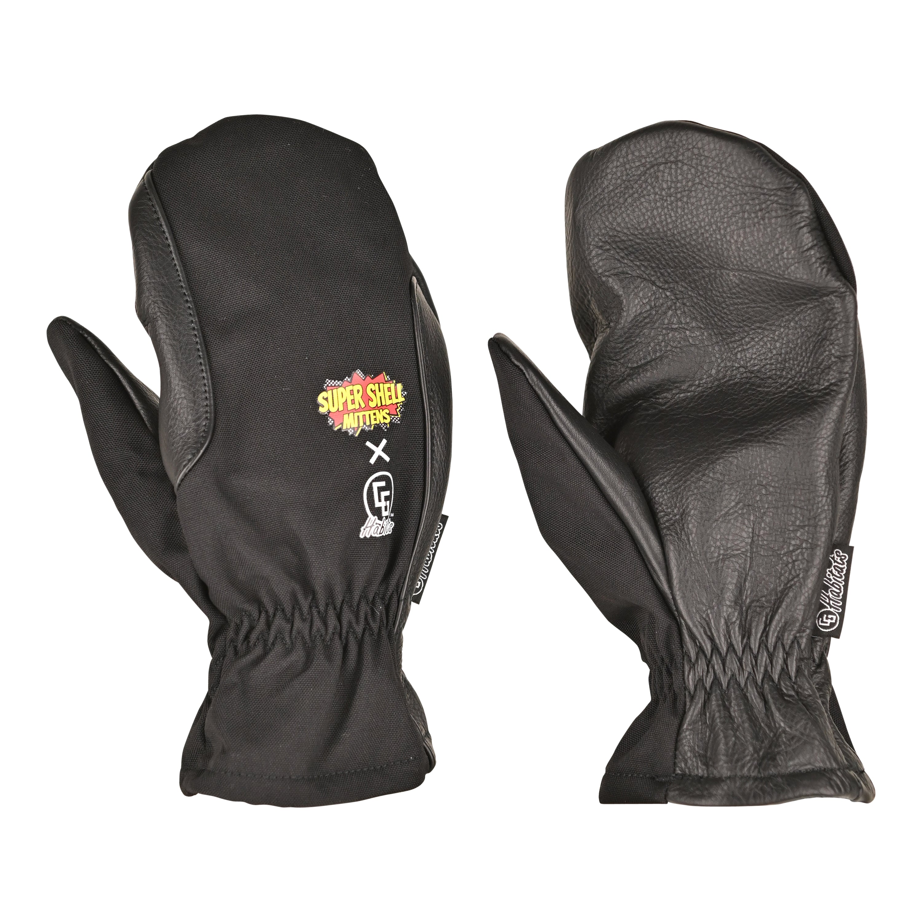 Super Shell Mitten featuring durable cowhide leather palm and ballistic nylon top, designed for outdoor activities and harsh conditions.