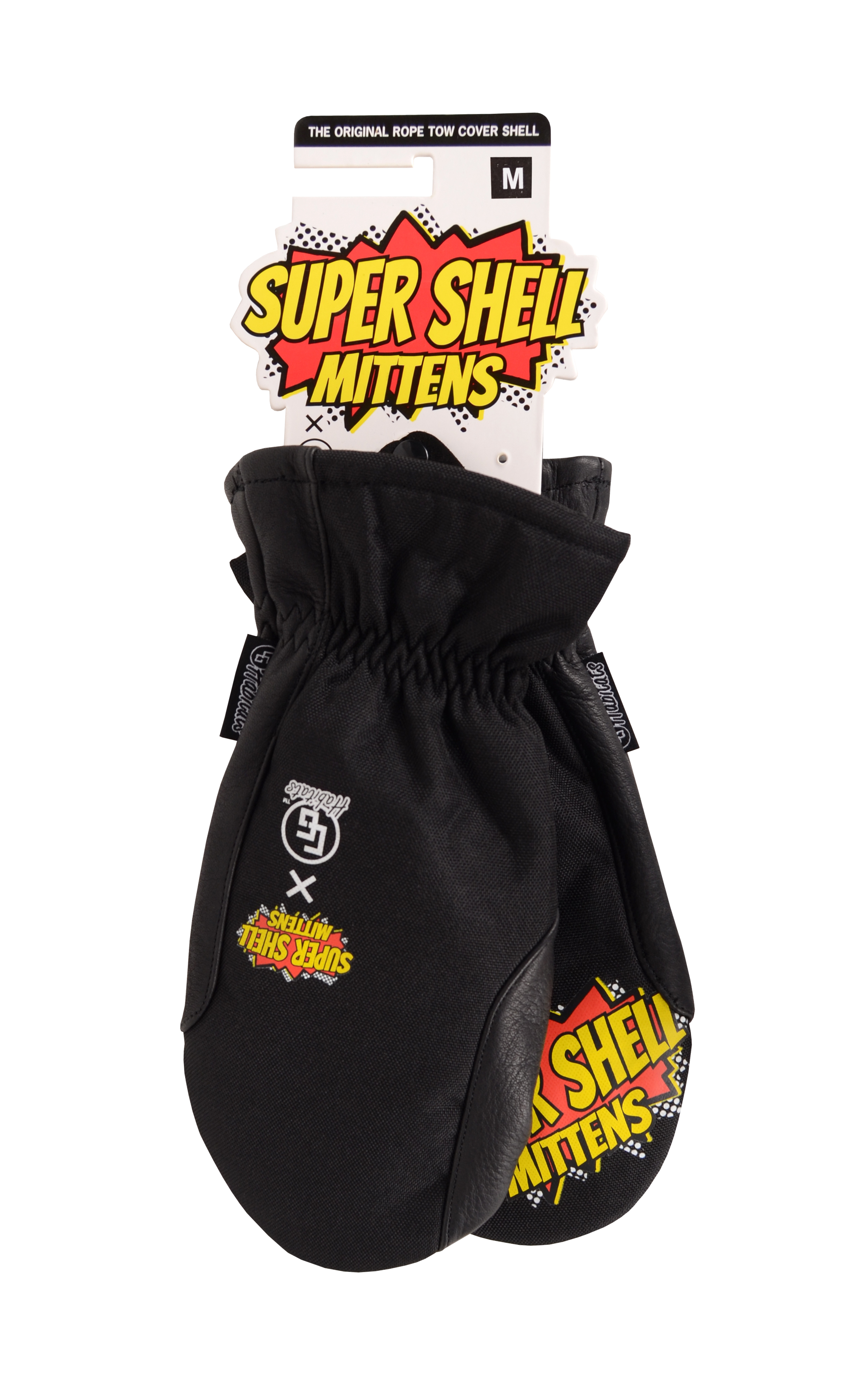 Super Shell Mitten featuring durable cowhide leather palm and ballistic nylon top, designed for outdoor activities and harsh conditions.