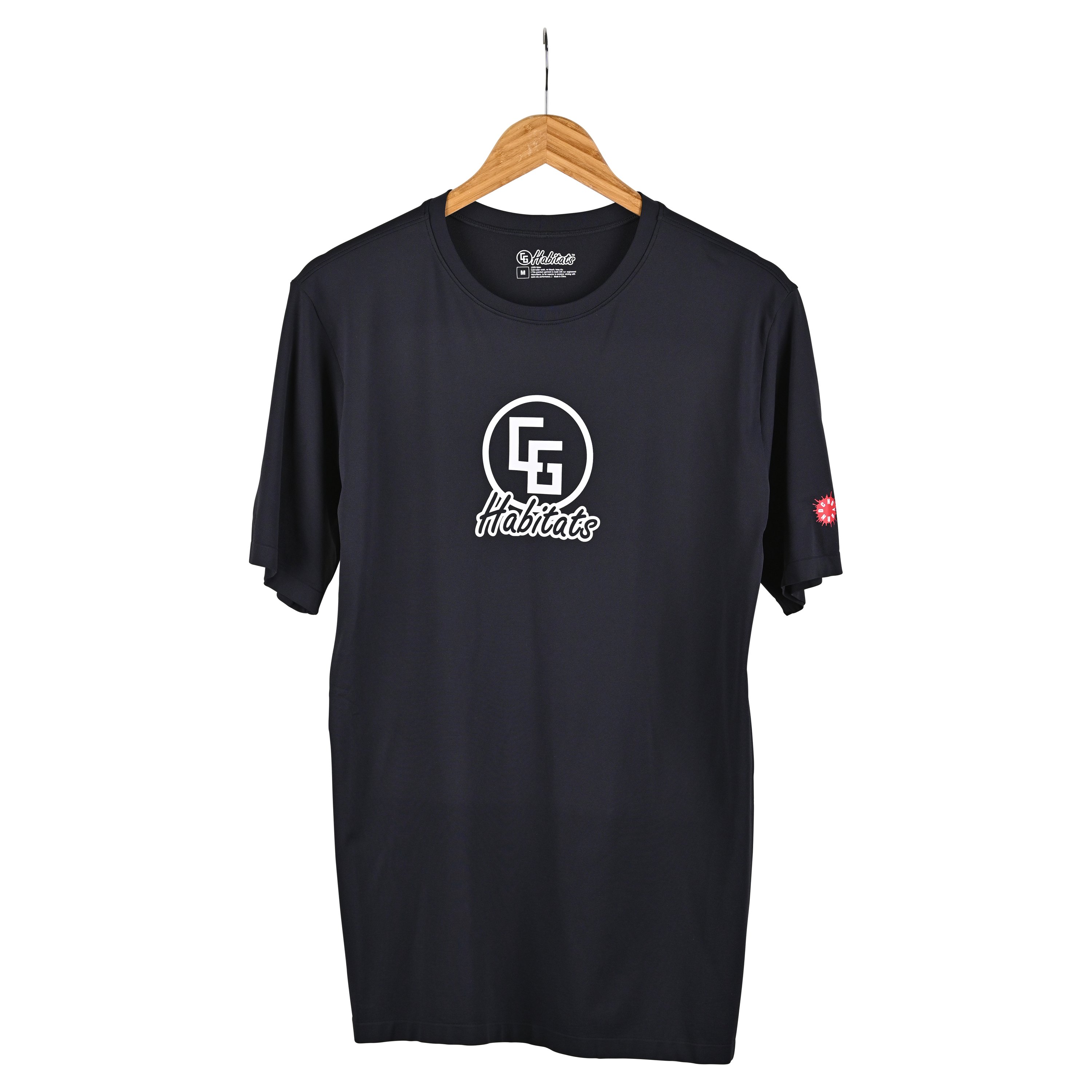 Tech T-Shirt featuring Habitats Logo, made from 79% Nylon and 21% Polyester, showcasing moisture-wicking and UV protectant properties.