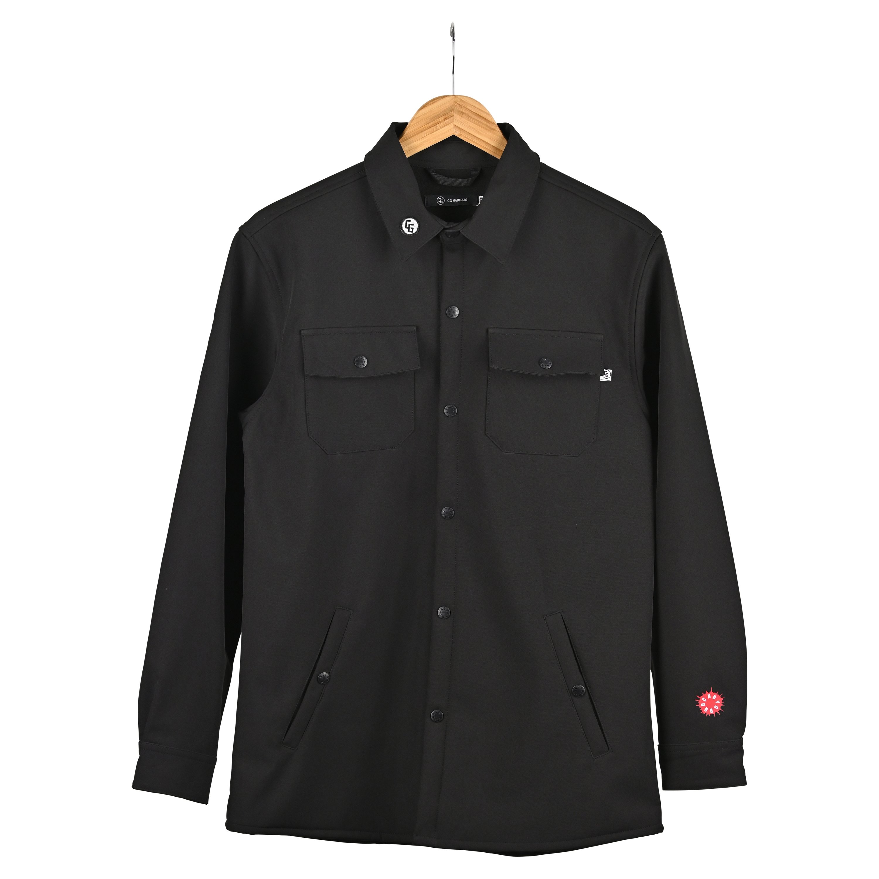 Tech Workshirt featuring custom snap closure, breathable waterproof membrane, and ultra-soft micro fleece lining, designed for comfort and style.