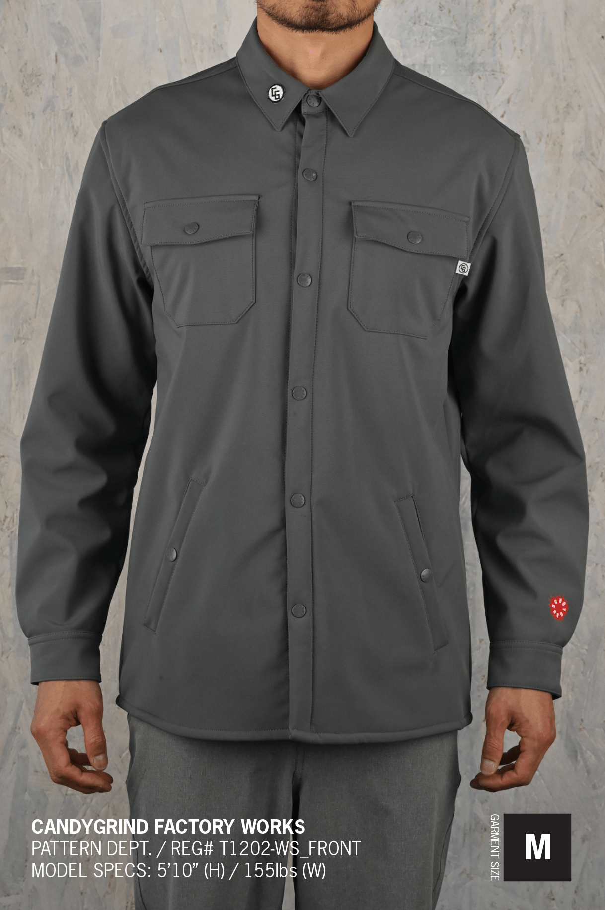 Tech Workshirt featuring custom snap closure, breathable waterproof membrane, and ultra-soft micro fleece lining, designed for comfort and style.